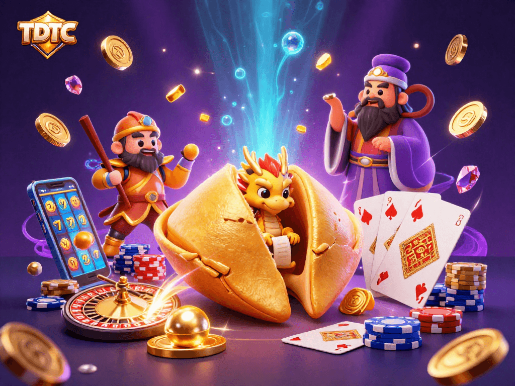 TDTC-themed vibrant casino illustration with a golden fortune cookie, wise dragon, and cascading treasures.