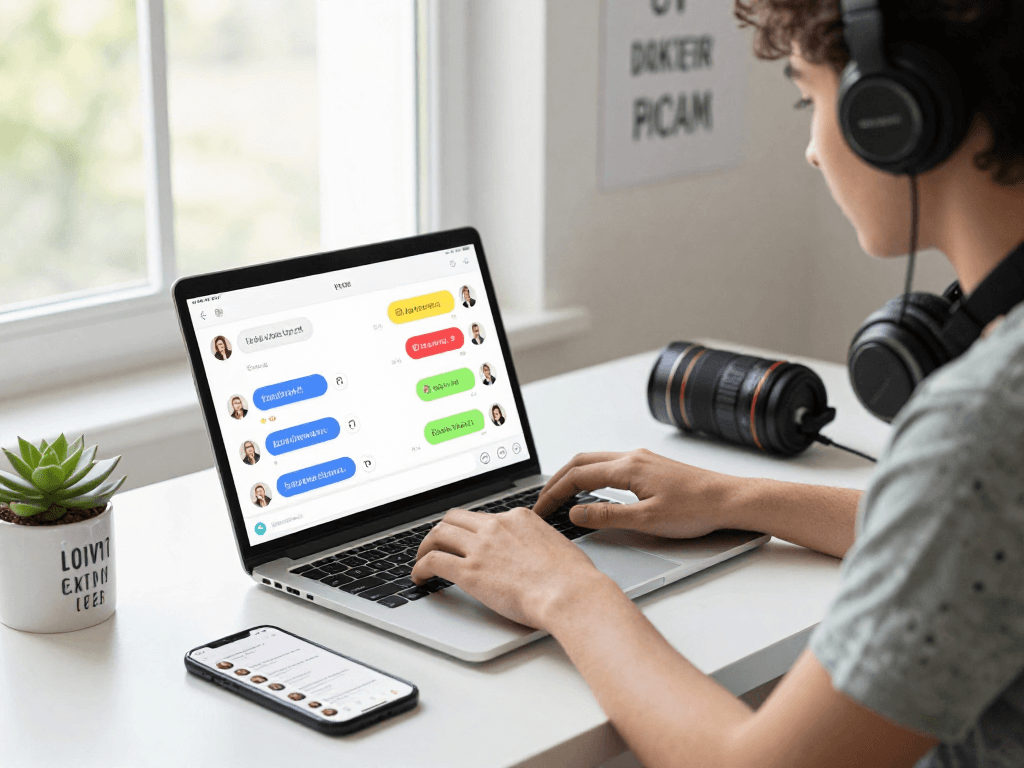 Engaging workspace scene illustrating the use of dirty chat ai on a vibrant chat interface while interacting on a laptop.