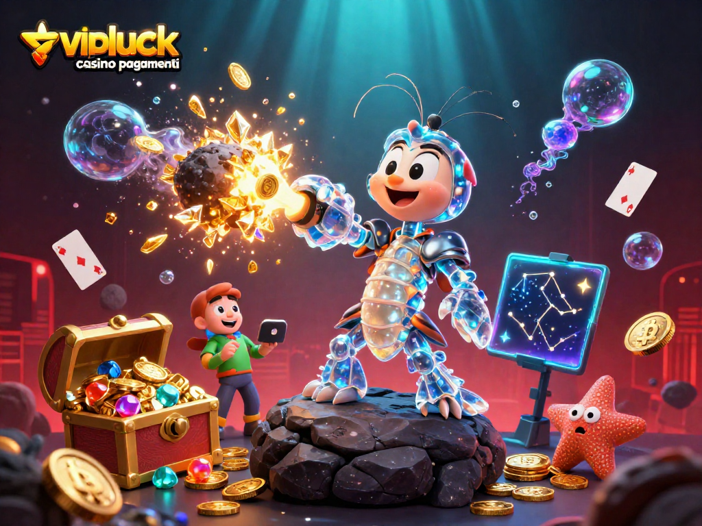 Scopri Vipluck casino pagamenti con una coinvolgente illustrazione 3D che esalta metodi di pagamento e criptovalute.