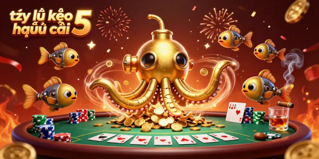 Experience the excitement of tỷ lệ kèo nhà cái 5 with a vibrant casino scene featuring a golden kraken submarine and poker elements.