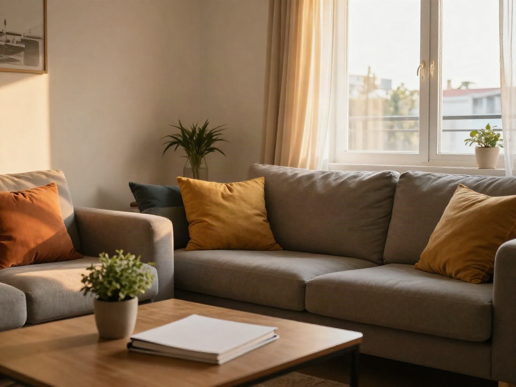 Cozy and inviting living room in a discreet apartment in Rishon Lezion with warm lighting.