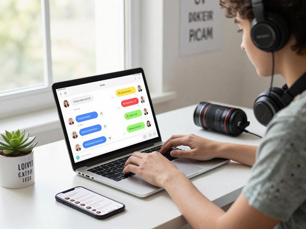 Engaging workspace scene illustrating the use of dirty chat ai on a vibrant chat interface while interacting on a laptop.
