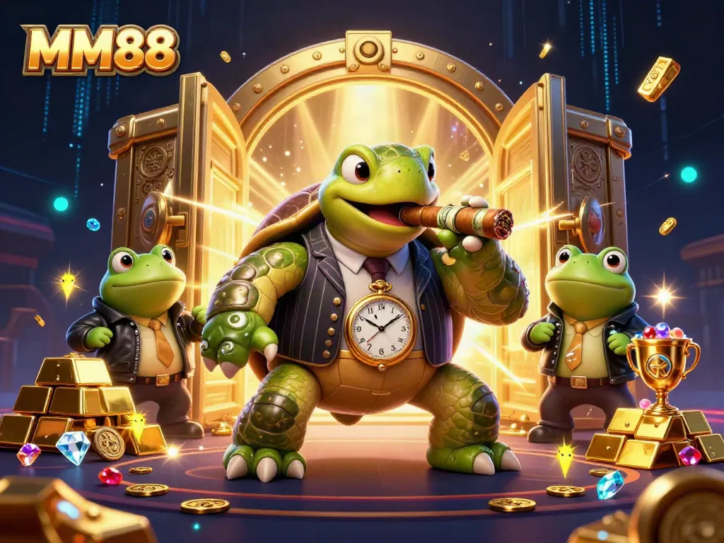 Experience the excitement of MM88 with a themed illustration featuring a turtle in a mobster suit and vibrant casino elements.