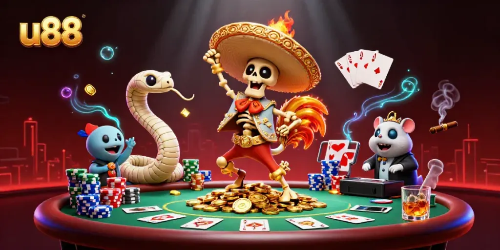 u88 casino scene with a jubilant skeleton mariachi rooster, mummy snake, and DJ hamster celebrating amidst poker elements.