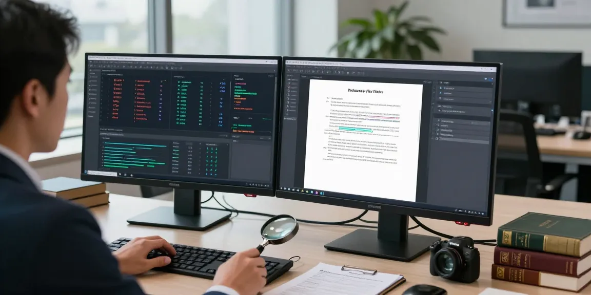 Forensic specialist analyzing document fraud detection software on dual monitors in a modern office.