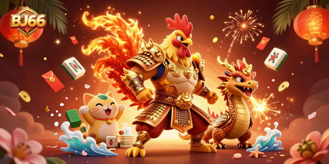 BJ66 offers thrilling cockfighting action with a warrior rooster and dragon amidst vibrant casino elements.