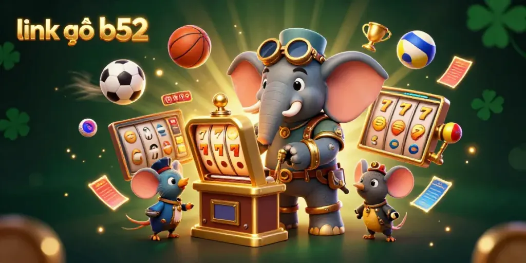 Engaging scene promoting link vào b52 with a steampunk elephant operating a golden slot machine.