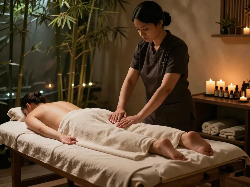 양천구출장마사지 in a serene spa setting, featuring a prepared massage table with essential oils and candles for relaxation.