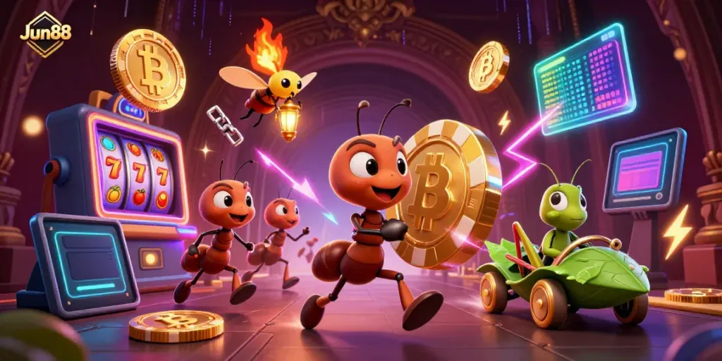 Ant characters celebrate at the Jun88 casino, carrying a giant poker chip amid neon lights and casino symbols.