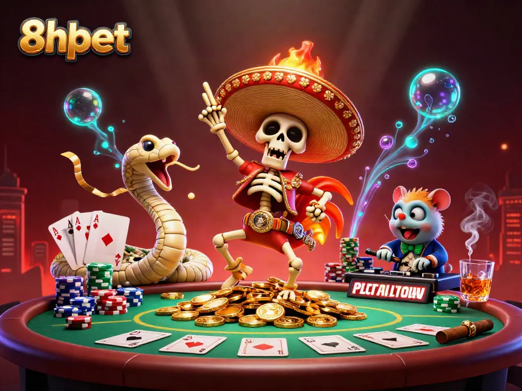 Experience the excitement of 8xbet with a vibrant 3D casino scene featuring playful characters.