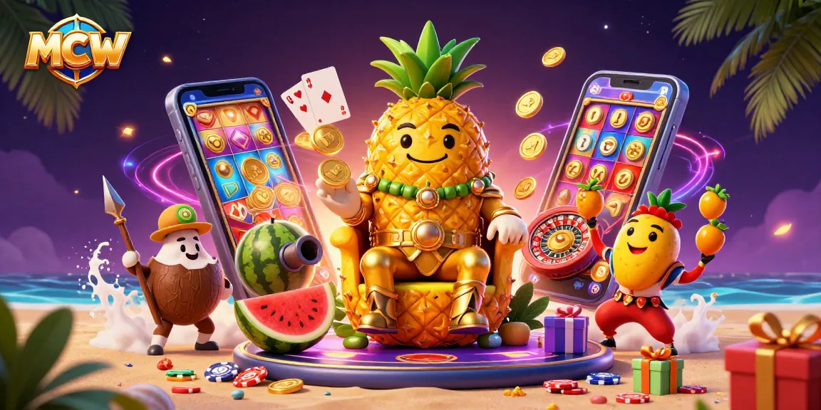 Experience thrilling gaming adventures with MCW's vibrant casino scene, featuring a golden pineapple king.