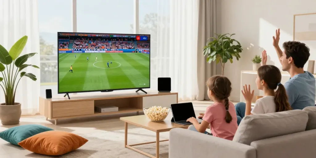 Family enjoying IPTV Italia with smart TV while watching sports in a cozy living room.