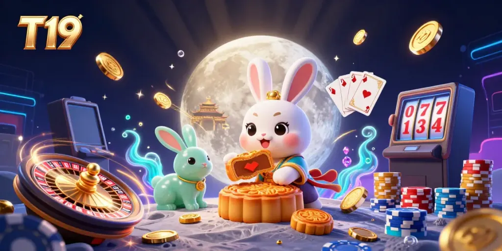 Experience the excitement of T19 with a moon rabbit, poker chips, and a vibrant casino scene.