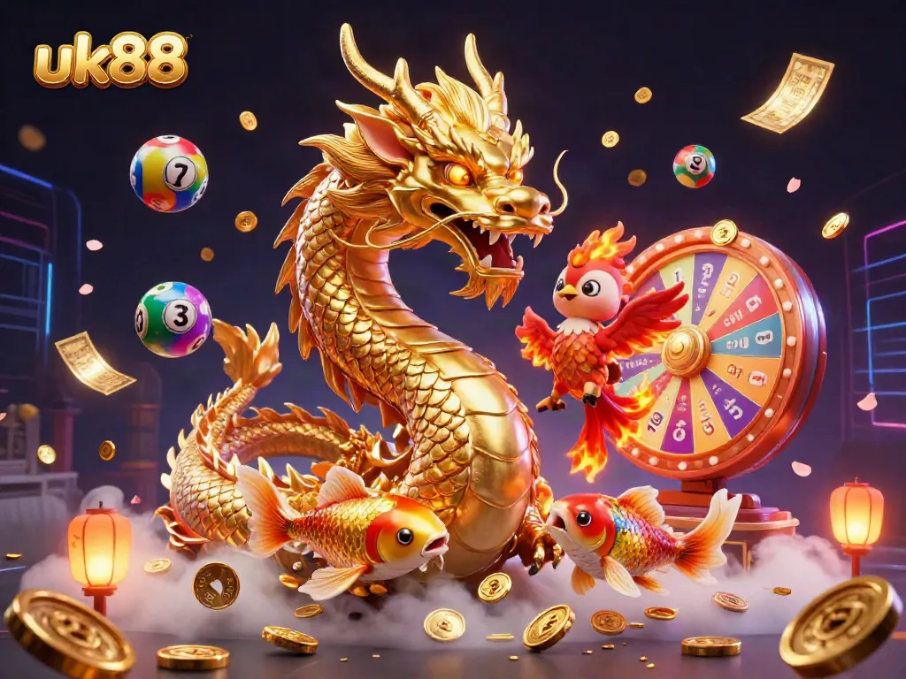 Experience excitement with UK88's dynamic casino scene featuring a golden dragon and vibrant lottery elements.