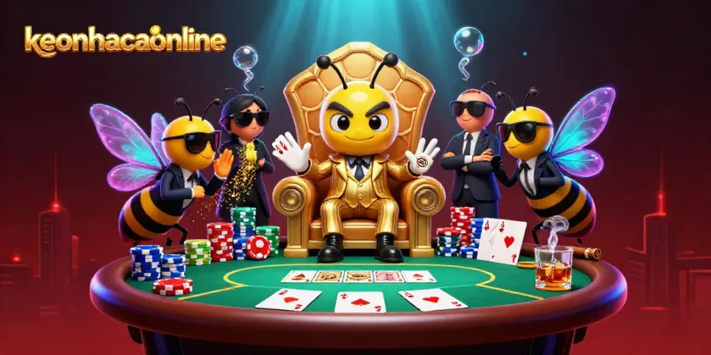 Experience the thrilling atmosphere of keonhacaionline with cartoon characters in a vibrant casino scene.
