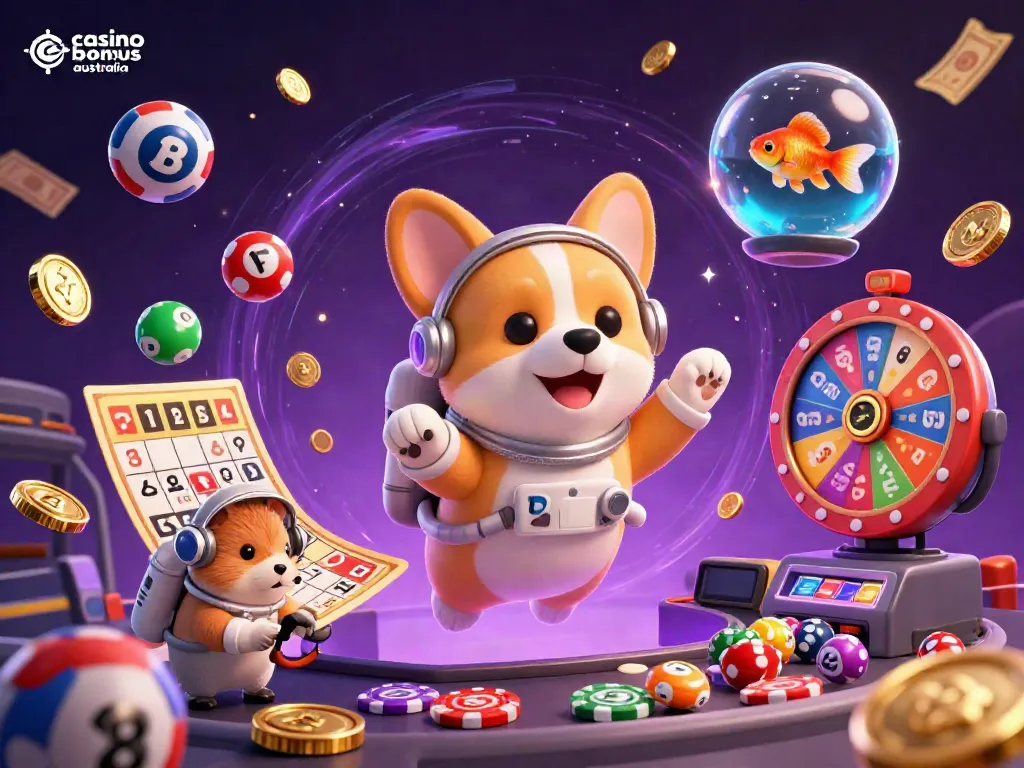 Experience the excitement of casino bonuses in Australia with a floating astronaut corgi and dynamic casino elements.