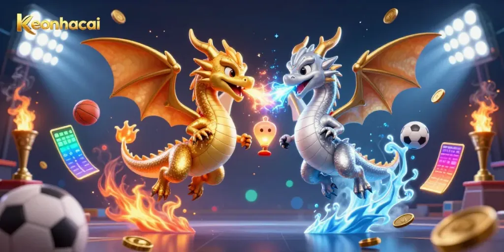Catch exciting keonhacai moments with gold and silver dragons battling amidst sports elements in a dynamic scene.