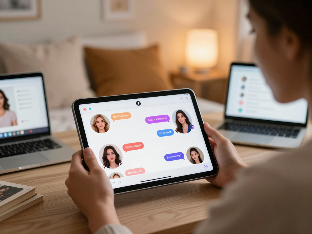 User engaging with a sex ai chat app on a tablet in a cozy, inviting bedroom atmosphere, highlighting character avatars and interaction.