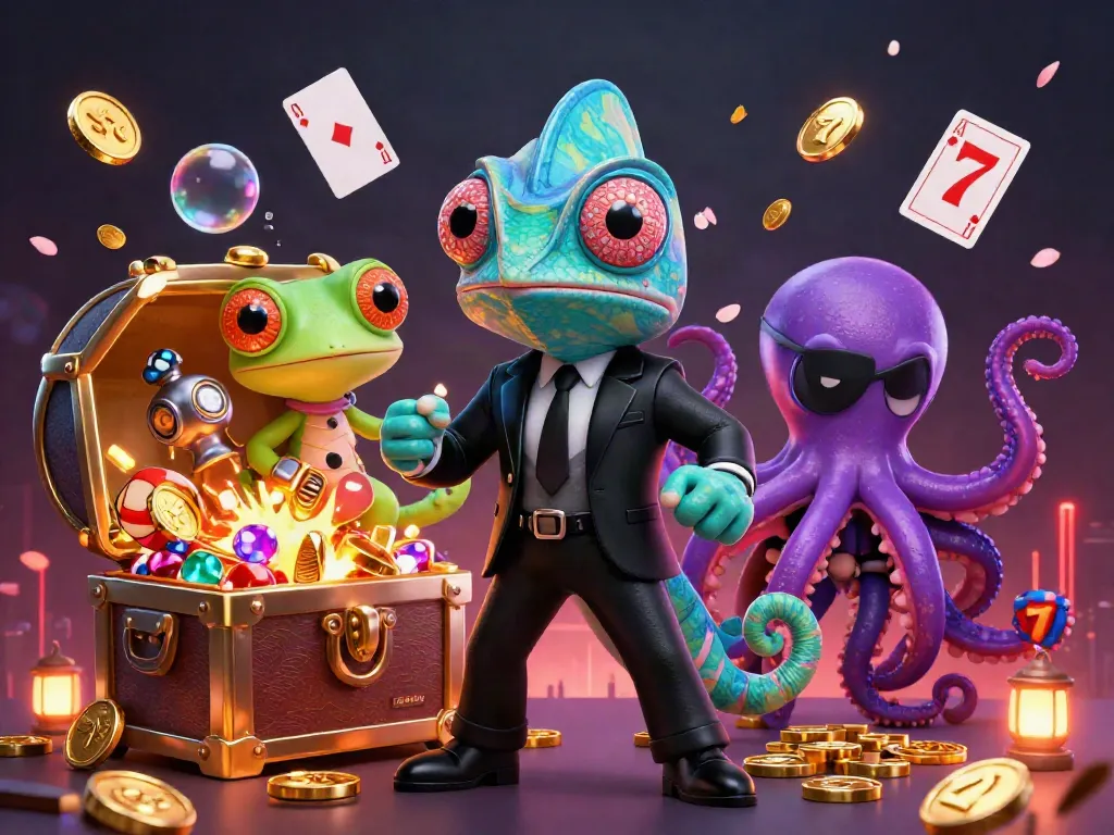 XOSO66 chameleon agent and gecko tech genius amid vibrant casino treasures, showcasing excitement and gameplay action.
