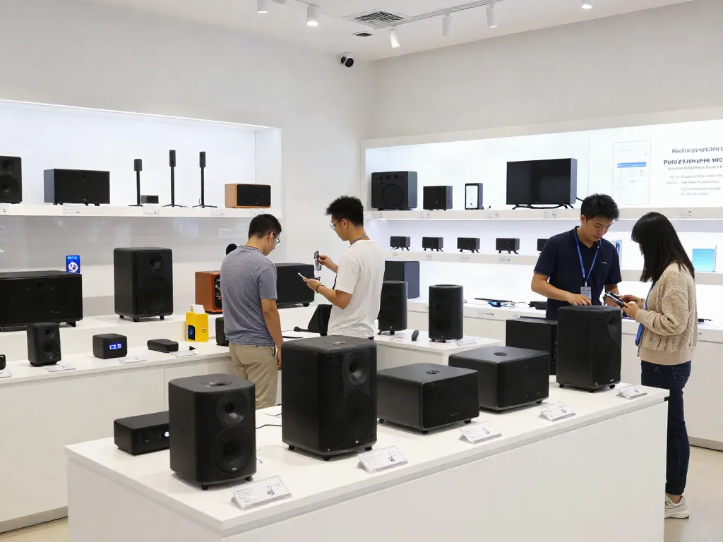 Explore a variety of Vision Speakers displayed in a vibrant showroom.