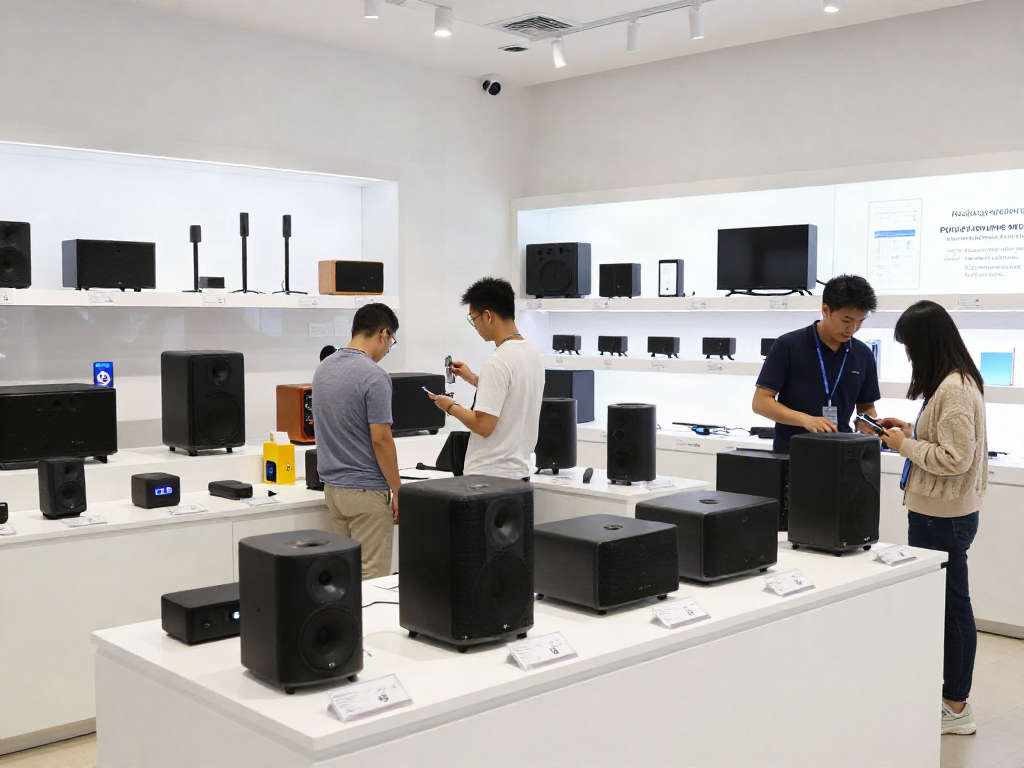 Explore a variety of Vision Speakers displayed in a vibrant showroom.