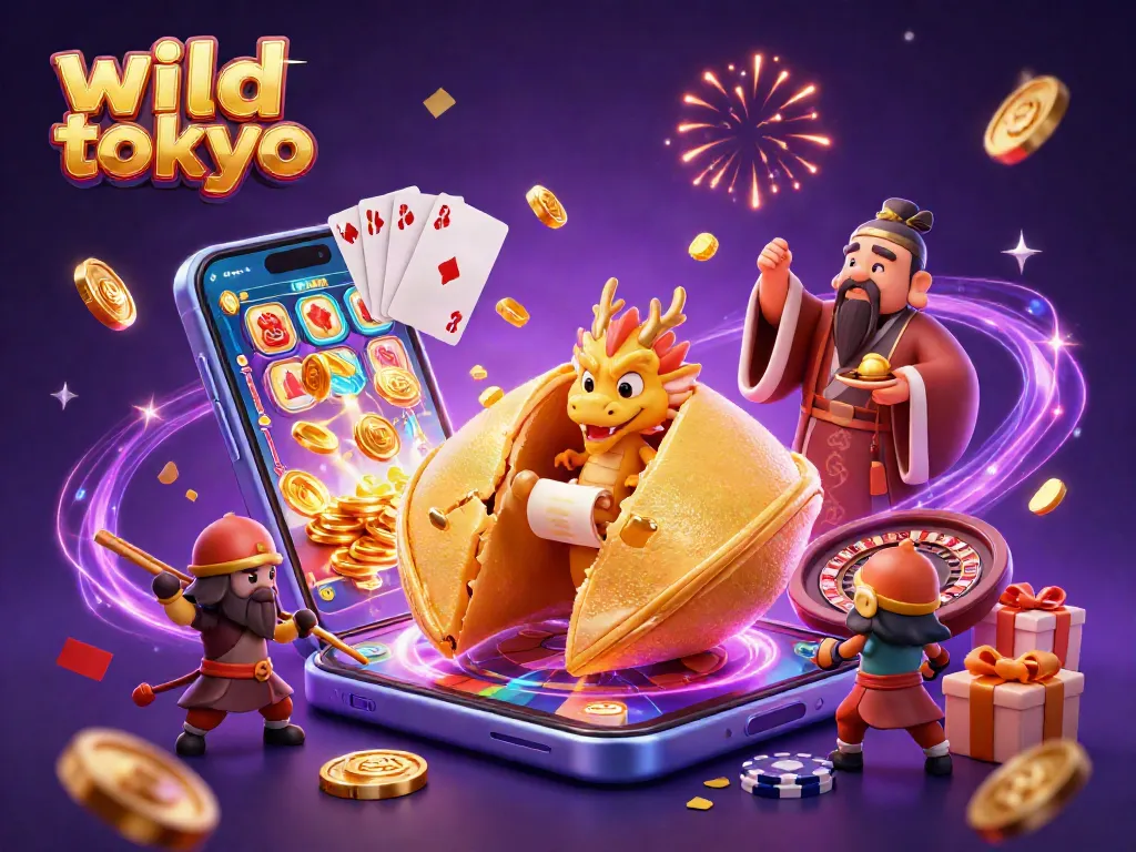 Engage in wild tokyo's vibrant casino world with a dazzling 3D illustration showcasing a fortune cookie and cheerful dragons.