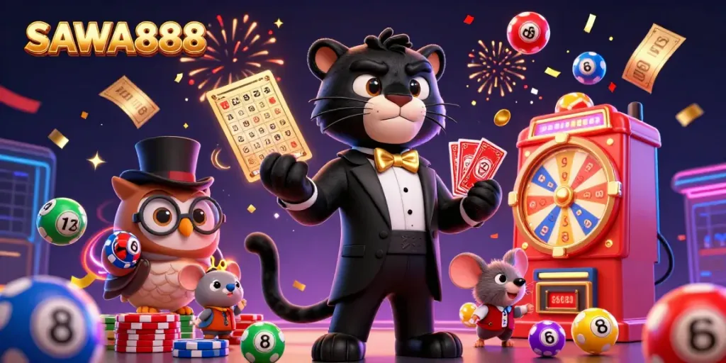 Engage in SAWA888 gaming excitement with a stylish panther dealer, charming owl, and lucky mouse amidst colorful lottery elements.