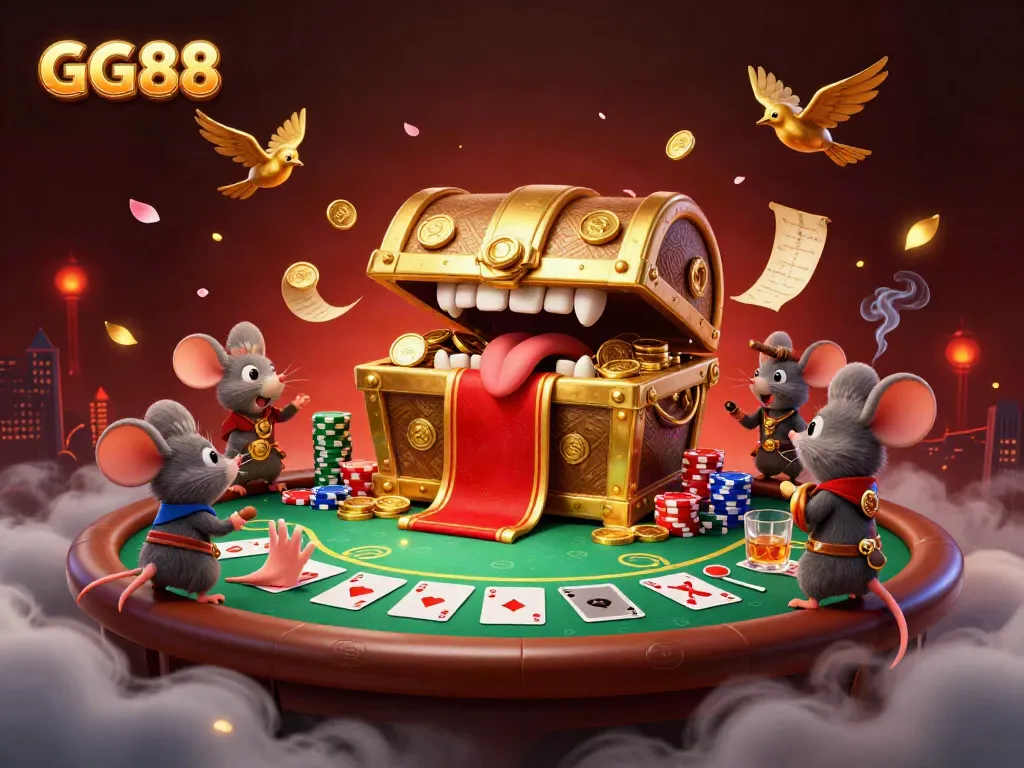 Engaging illustration of a golden treasure chest, GG88, surrounded by dynamic poker elements and wealthy themes.