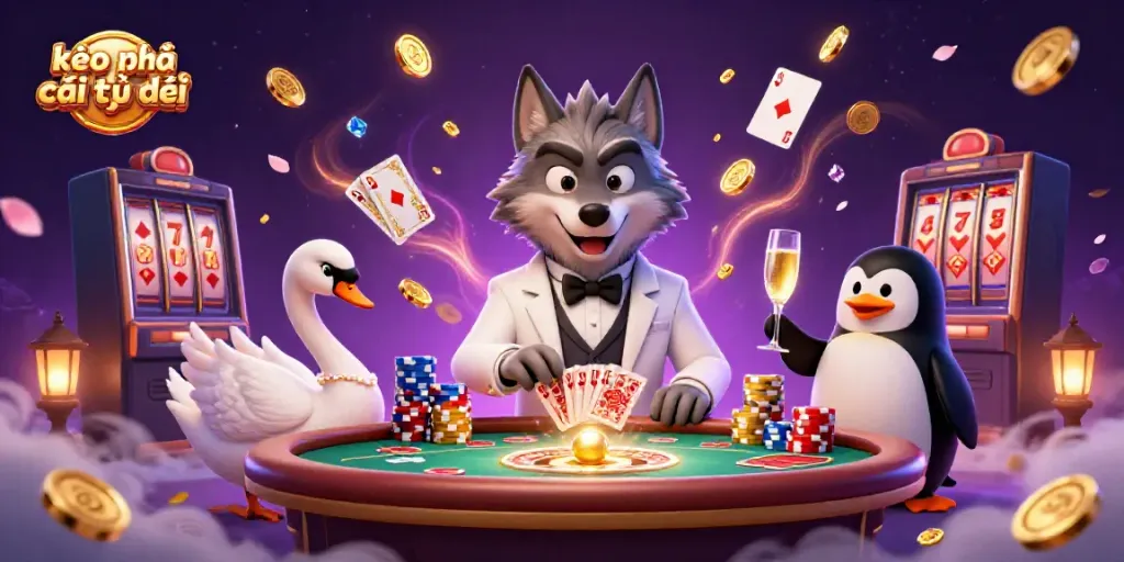 Engaging scene with kèo nhà cái trực tiếp theme featuring cartoon characters at a baccarat table, coins and cards flying.