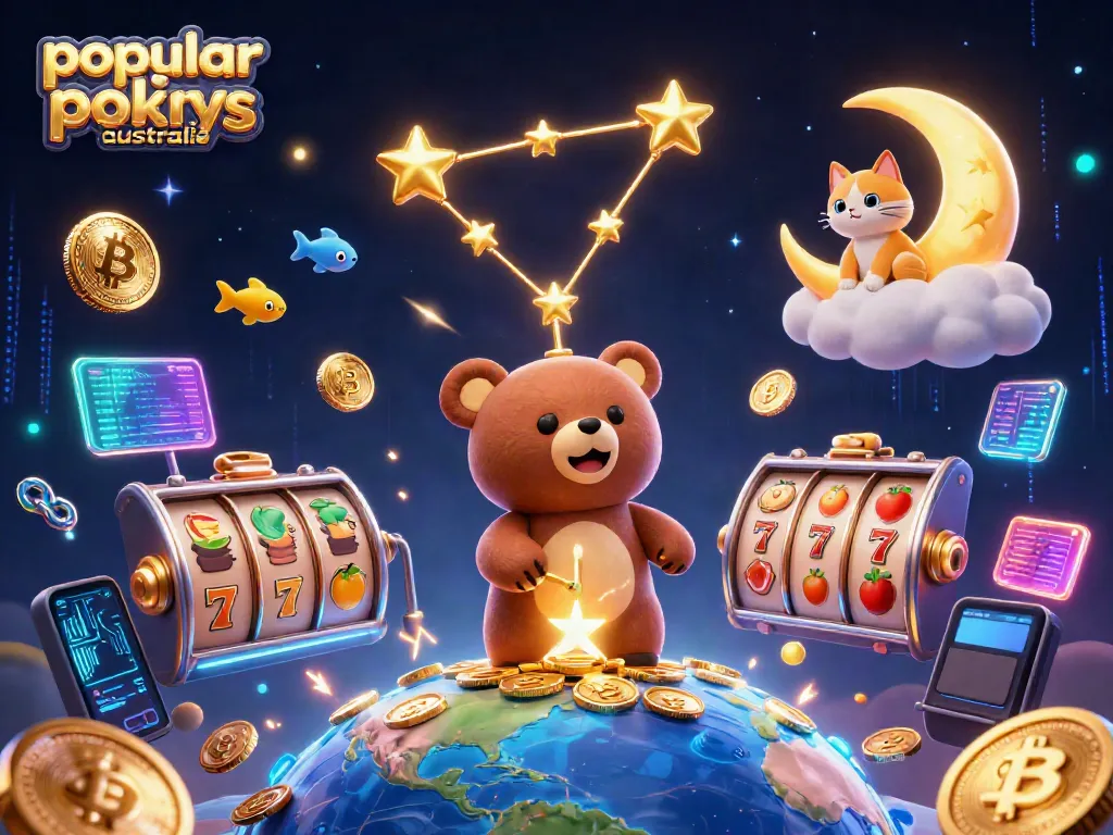 Engage with popular online pokies Australia, featuring a constellation bear and dynamic casino elements.