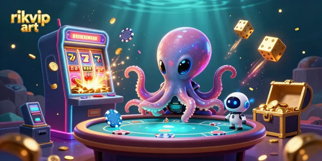Experience the vibrant action of rikvip art with a 3D alien octopus at a holographic poker table.