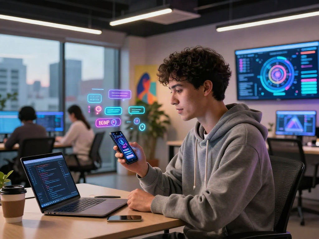 Young adult engaging in AI NSFW chat using smartphone in a modern tech space, with digital holograms and urban views.